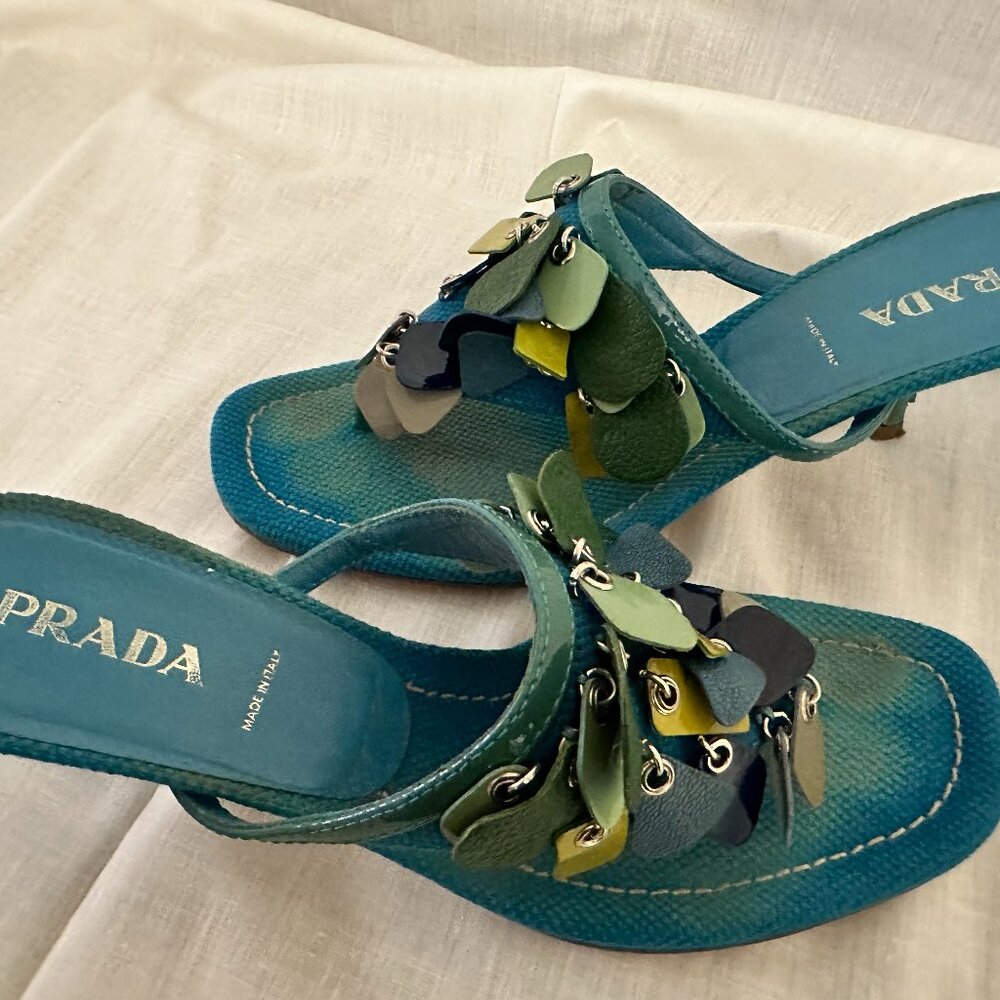 Prada Embellished Leather Kitten Heel Slip On Sandals Aqua Multicolor